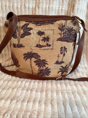 Great American Leatherworks Brown Palm-Print Tapestry Crossbody Shoulder Bag